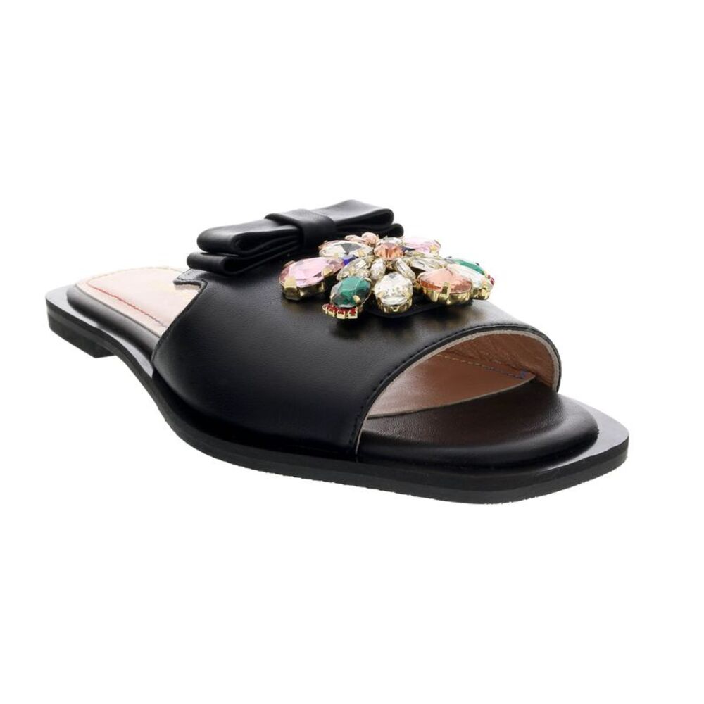 Ventutto Black Crystal Embellished Bow Flat Leather Slide